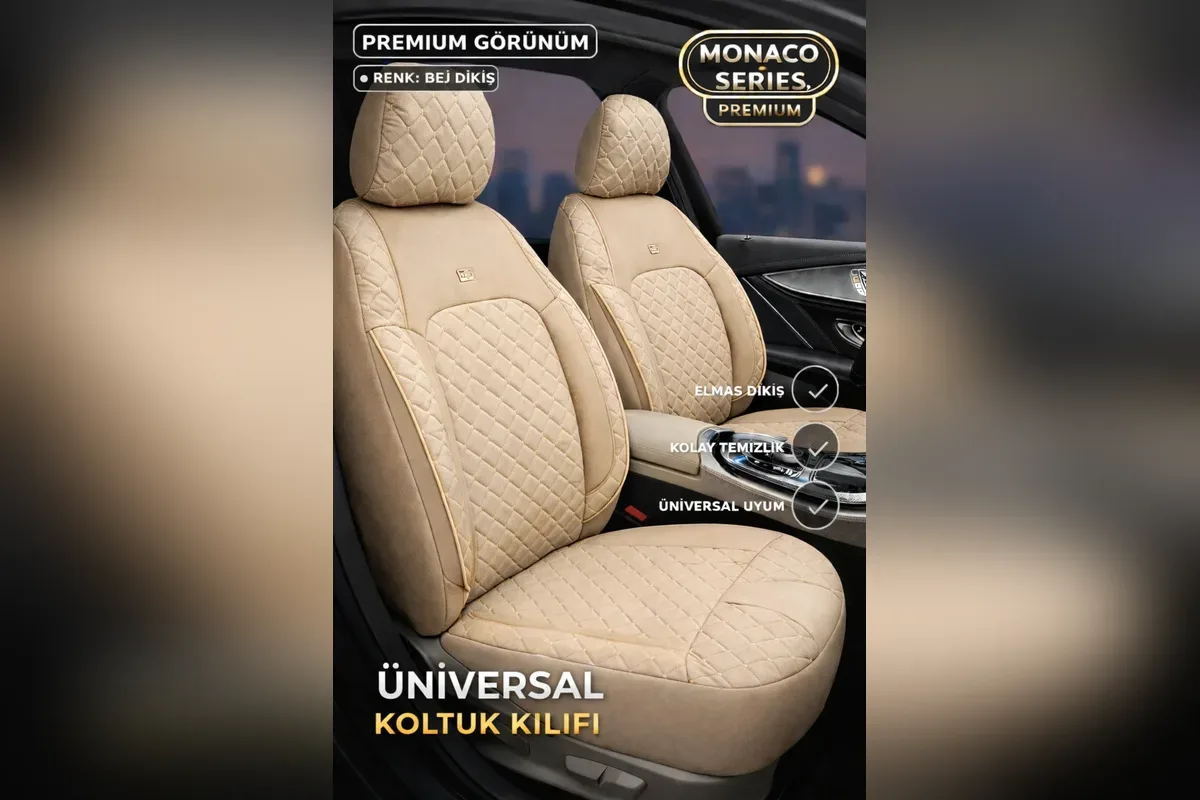Bej elmas dikişli oto koltuk kılıfı ön koltuklar