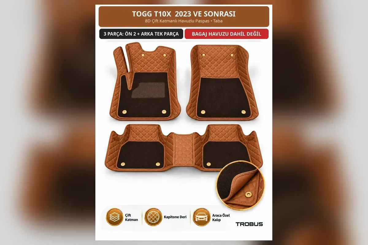 Togg T10X 2023 ve sonrası taba renk 8D çift katmanlı kapitone paspas 3 parça set
