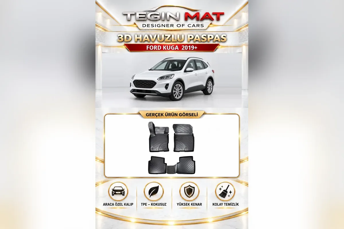 Ford Kuga 2019 sonrası için siyah 3D havuzlu paspas seti, ön iki parça ve arka sıra parçaları