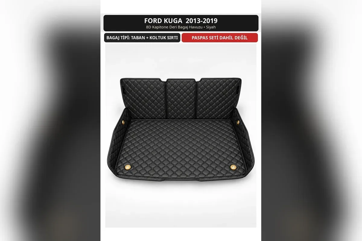 Ford Kuga 2013-2019 için siyah 8D kapitone deri bagaj havuzu, taban ve arka koltuk sırtı kaplamalı