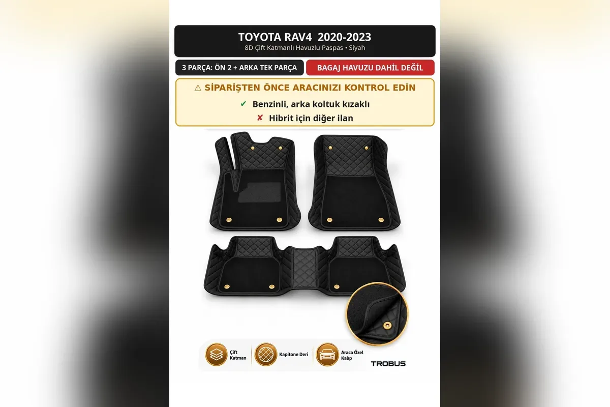 Toyota RAV4 2020-2023 benzinli için siyah 8D çift katmanlı kapitone paspas, ön 2 parça ve arka tek parça