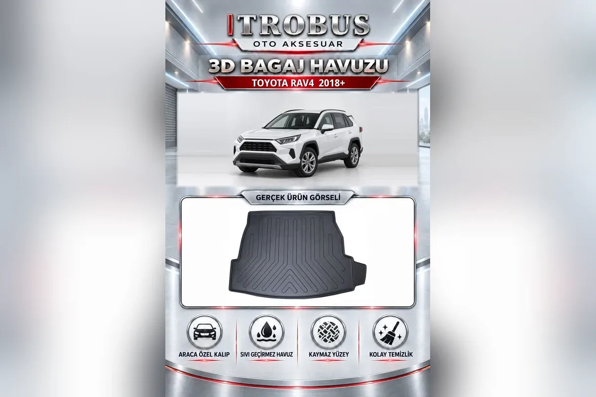 Toyota RAV4 2018 sonrası için siyah 3D bagaj havuzu, üstte beyaz RAV4 ve altta gerçek ürün