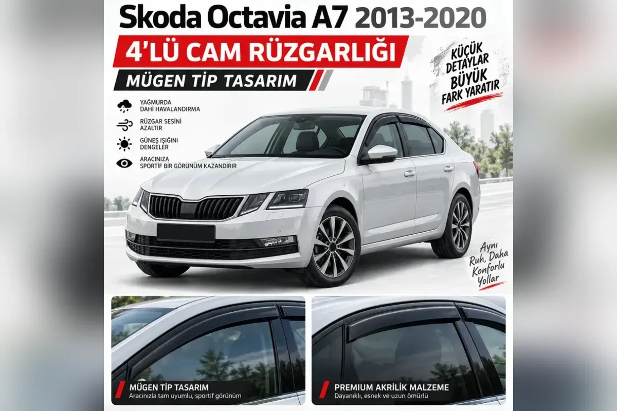Skoda Octavia A7 2013-2020 sedan üzerinde 4 parça siyah cam rüzgarlığı, ön ve arka kapı detayları