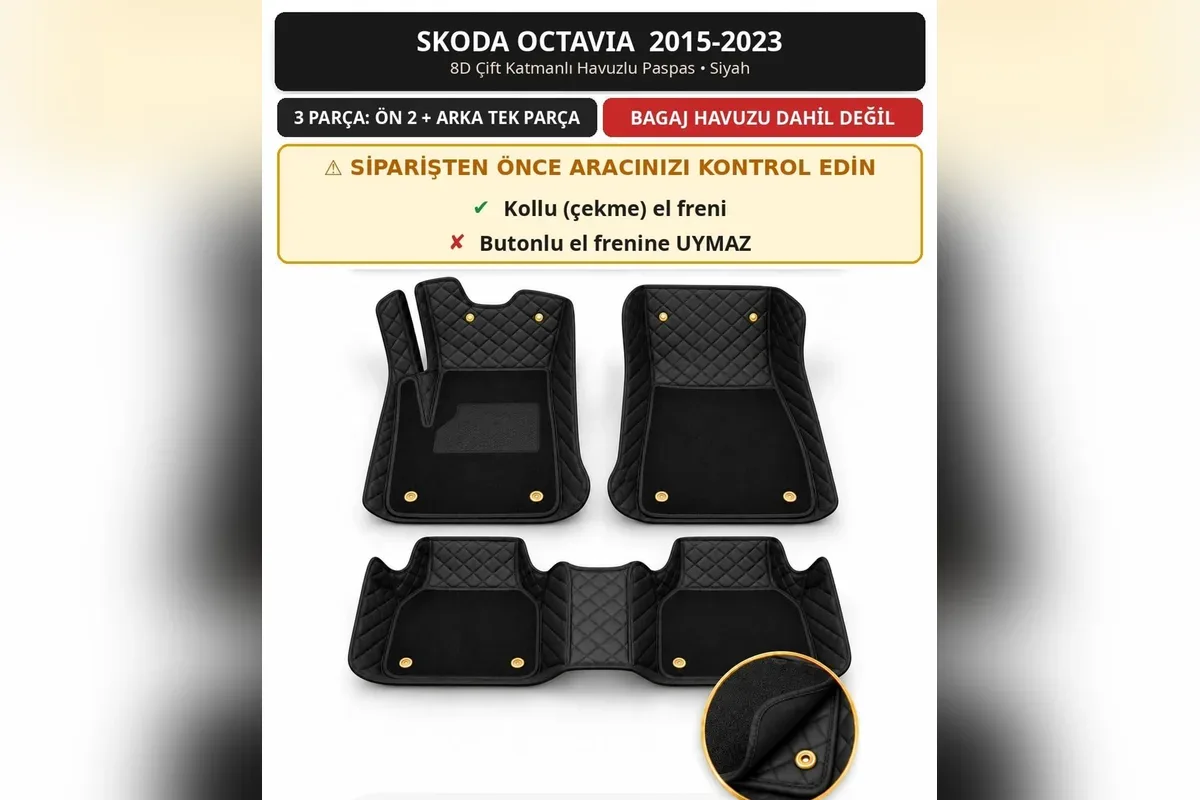 Skoda Octavia 2015-2023 kollu el freni için siyah 8D çift katmanlı kapitone paspas, 3 parça