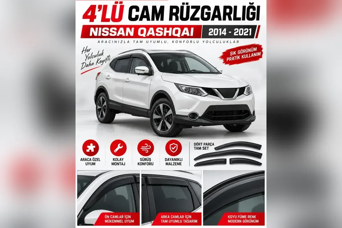 Nissan Qashqai J11 2014-2021 üzerinde 4 parça koyu füme cam rüzgarlığı, ön ve arka cam detayları