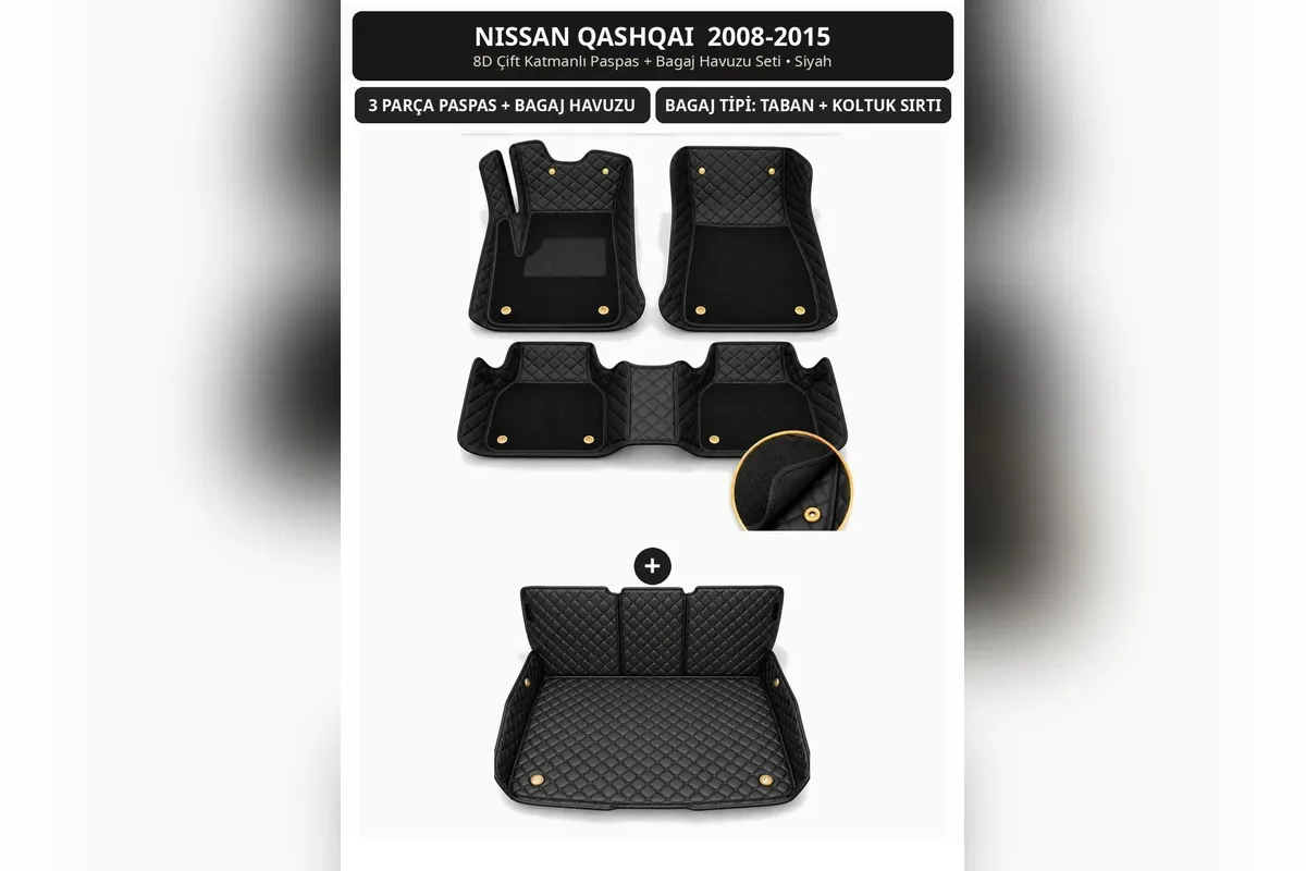 Nissan Qashqai 2008-2015 için siyah 8D çift katmanlı kapitone paspas ve koltuk sırtı kaplamalı bagaj havuzu seti