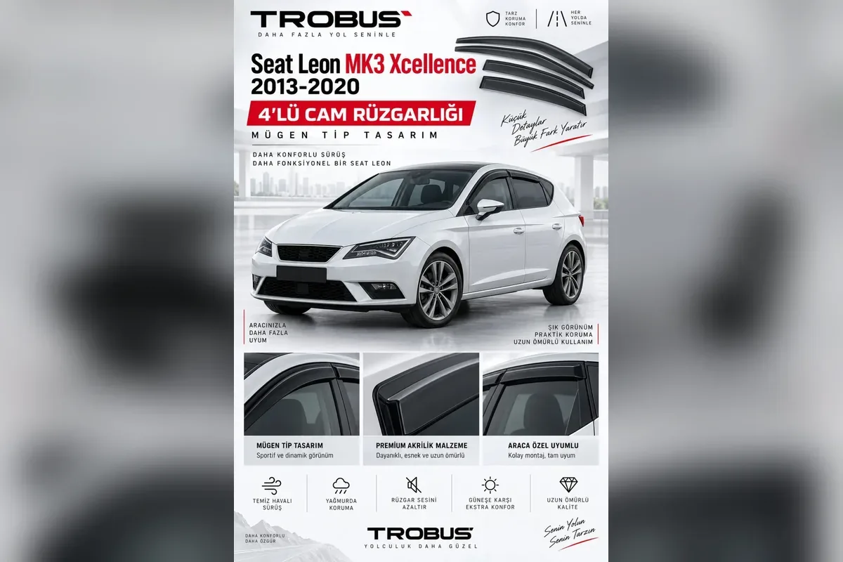 Seat Leon Mk3 2013-2020 hatchback için 4 parça Mügen tip cam rüzgarlığı, beyaz araç üzerinde ön ve arka kapılar