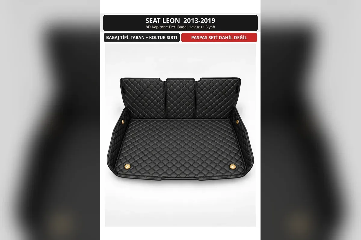 Seat Leon 2013-2019 için siyah 8D kapitone deri bagaj havuzu, taban ve arka koltuk sırtı kaplamalı