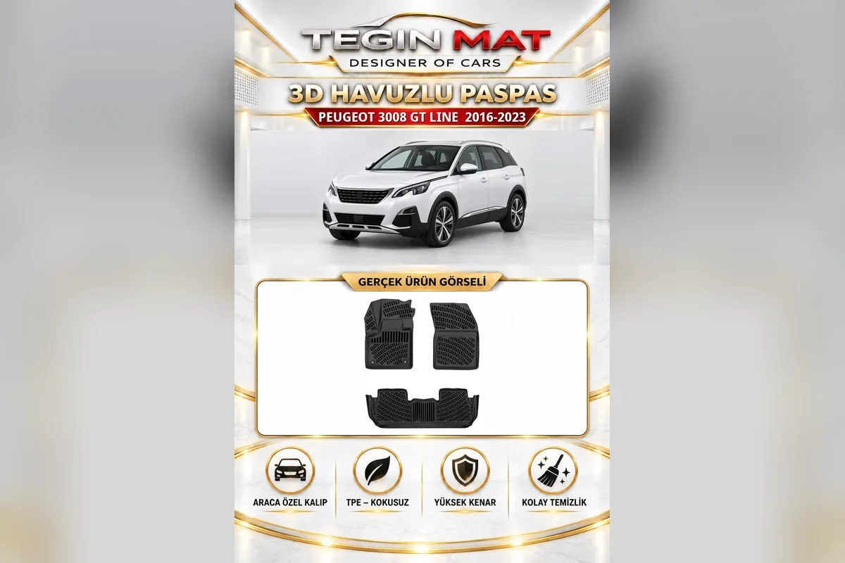 Peugeot 3008 GT Line 2016-2023 için siyah 3D havuzlu paspas, iki ön parça ve arka sıra parçaları gerçek ürün fotoğrafında