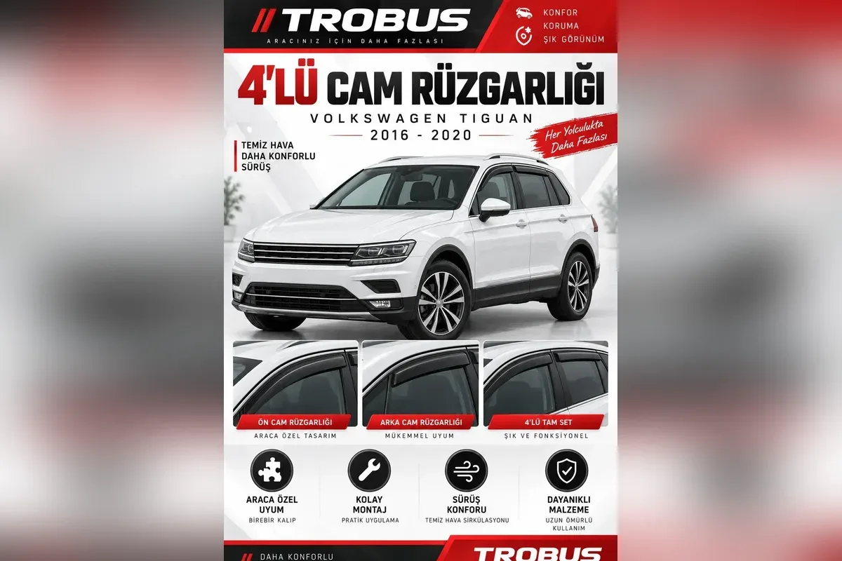 Volkswagen Tiguan ikinci nesil için 4 parça cam rüzgarlığı, beyaz Tiguan ve ön ile arka cam detayları