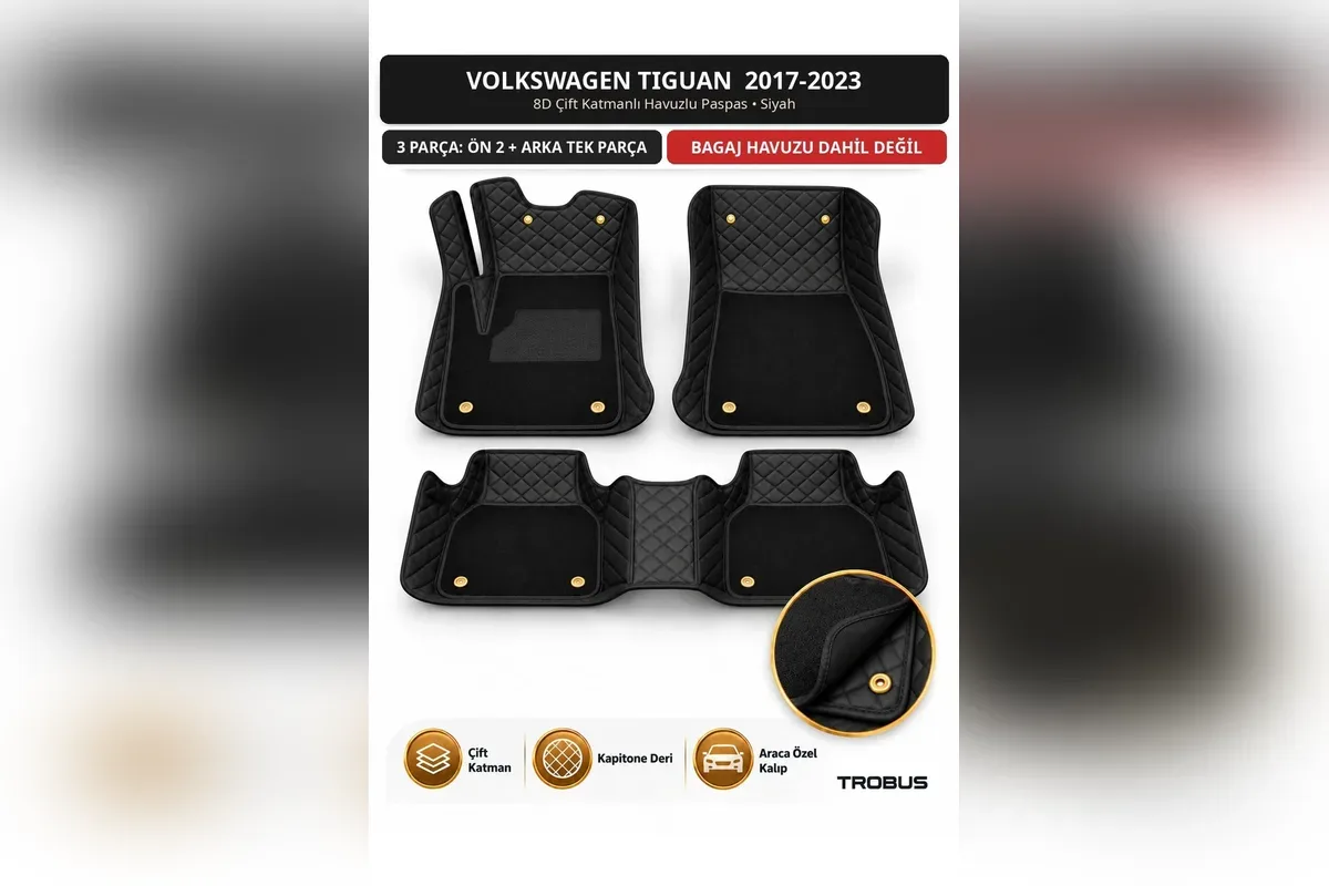 Volkswagen Tiguan 2017-2023 için siyah 8D çift katmanlı kapitone paspas, ön iki parça ve tek parça arka sıra