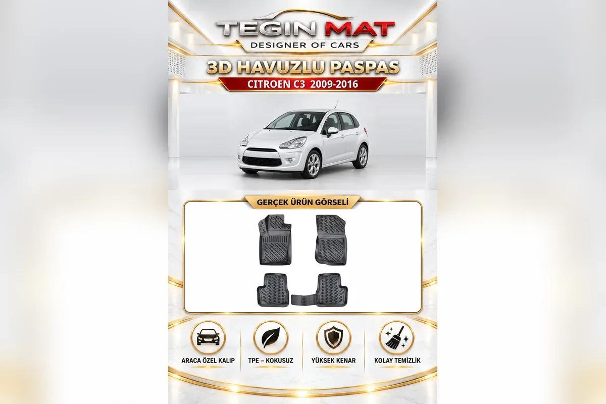 Citroen C3 2009-2016 için siyah 3D havuzlu paspas seti, üstte gümüş renk ikinci nesil C3 hatchback, altta dört paspas parçası