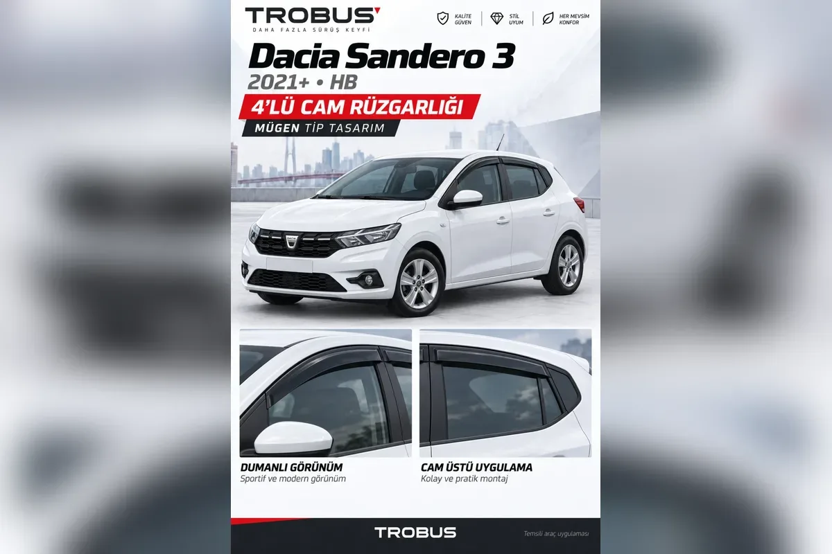 Dacia Sandero 3 2021 sonrası hatchback için 4 parça Mügen tip cam rüzgarlığı, beyaz araç üzerinde ön ve arka kapı yakın çekimleri