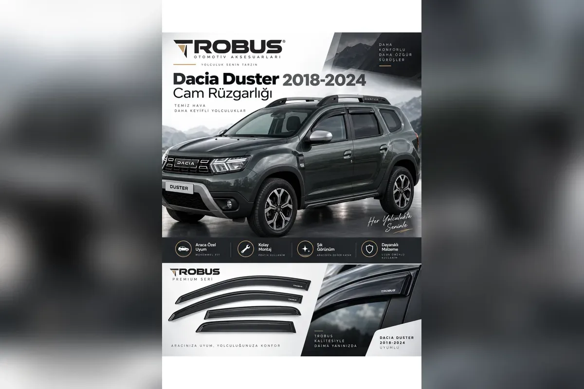 Dacia Duster 2018-2024 ikinci nesil için 4 parça cam rüzgarlığı, koyu gri Duster ve ayrı karede dört rüzgarlık parçası