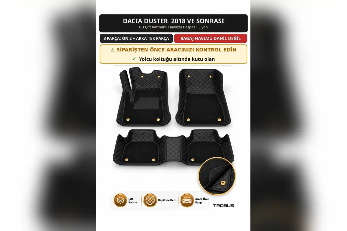 Dacia Duster 2018 ve sonrası için siyah 8D çift katmanlı kapitone paspas, ön iki parça ve tüneli kaplayan arka parça
