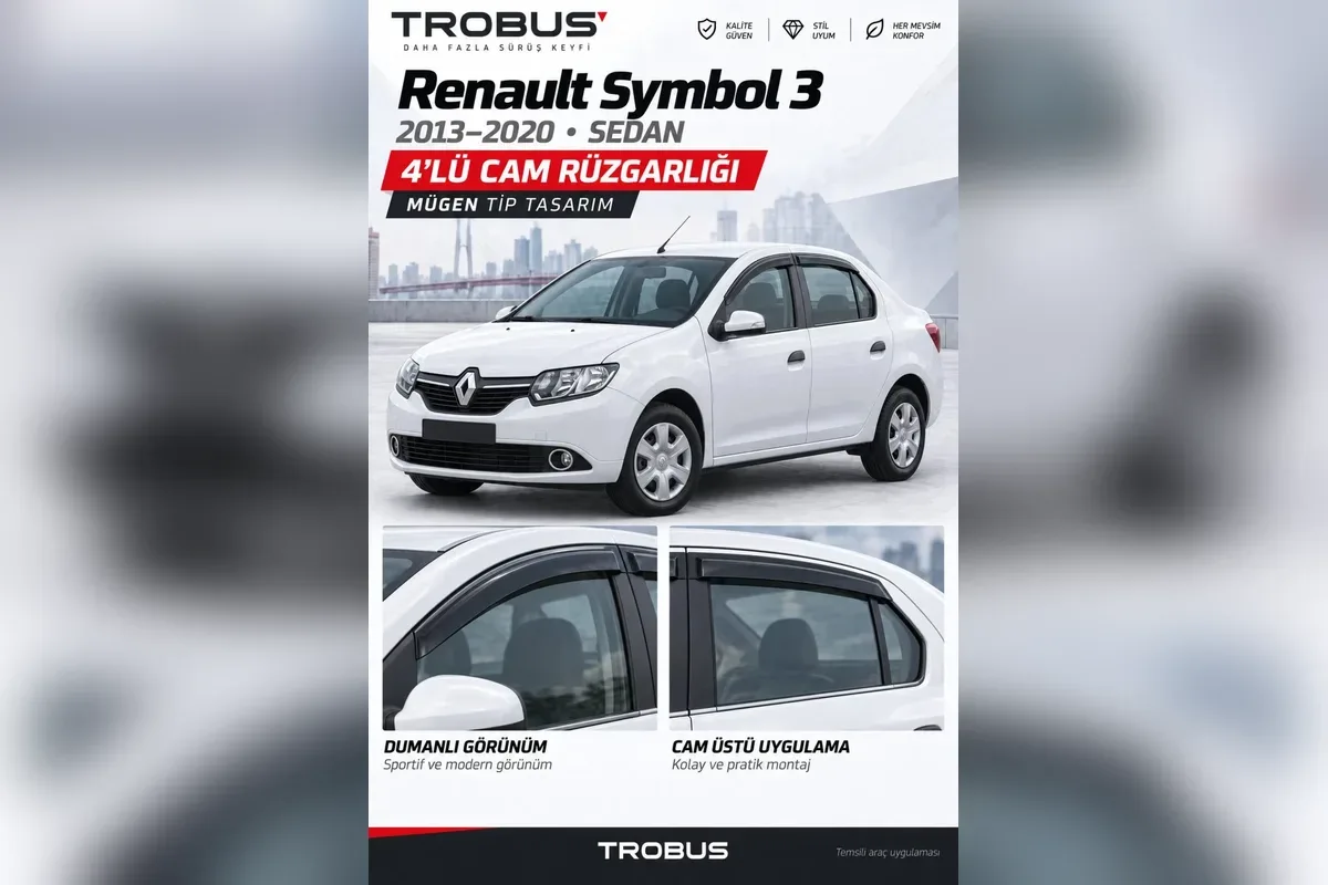Renault Symbol 3 2013-2020 sedan için 4 parça Mügen tip cam rüzgarlığı, beyaz Symbol ve ön ile arka kapı yakın çekimleri
