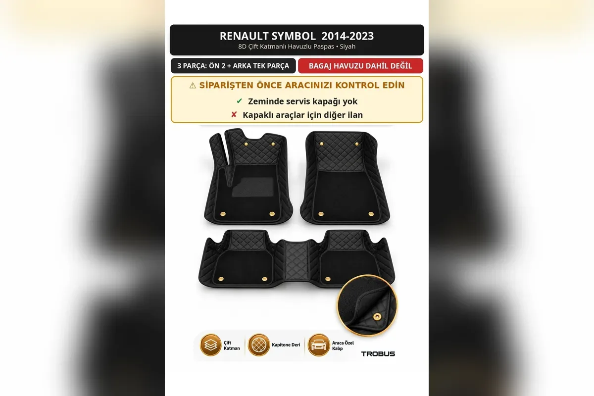 Renault Symbol 2014-2023 servis kapaksız araçlar için siyah 8D çift katmanlı kapitone paspas, ön iki parça ve tek parça arka
