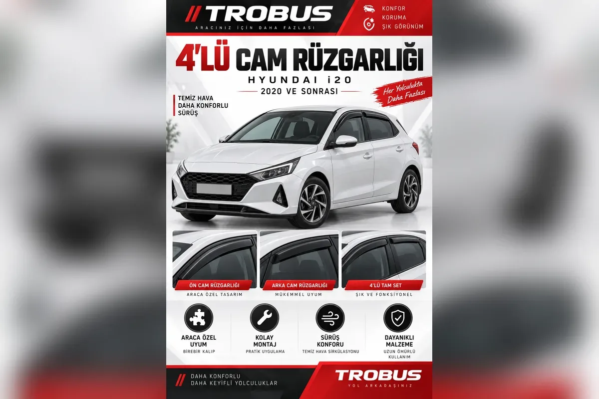 Hyundai i20 2020 ve sonrası BC3 kasa için 4 parça cam rüzgarlığı, beyaz hatchback üzerinde ön ve arka kapı yakın çekimleri