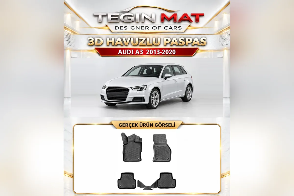 Audi A3 2013-2020 8V Sportback için siyah 3D havuzlu paspas, üstte beyaz araç, altta paspas parçalarının gerçek fotoğrafı