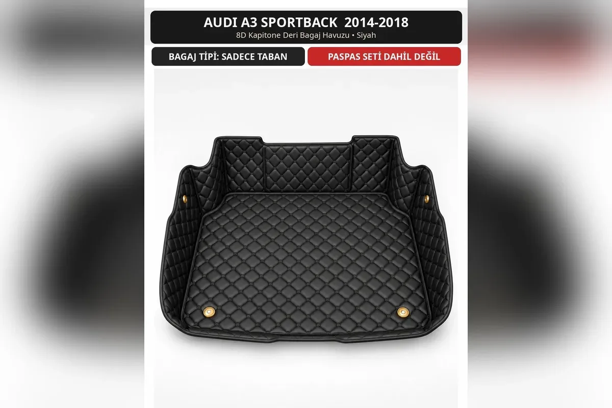 Audi A3 Sportback 2014-2018 için siyah 8D kapitone deri bagaj havuzu, yalnız bagaj tabanını kaplayan tip