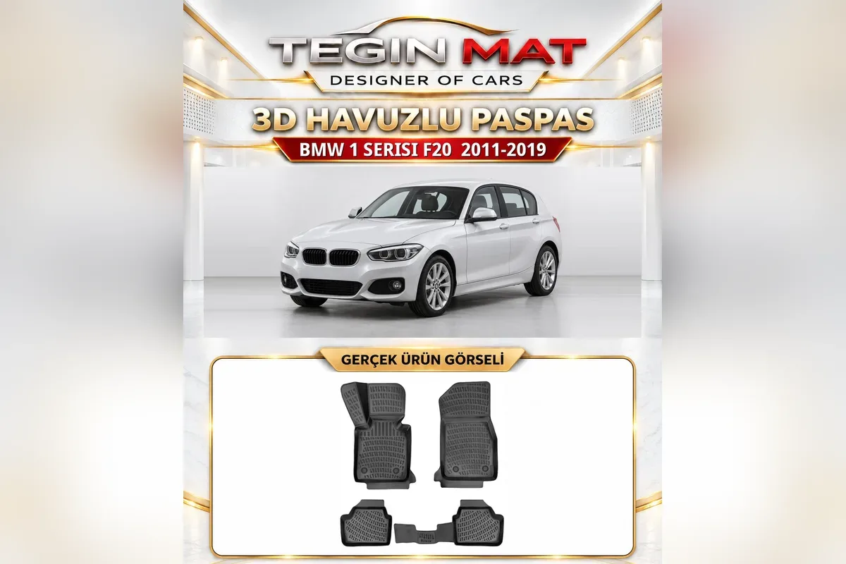 BMW 1 Serisi F20 2011-2019 için siyah 3D havuzlu paspas, üstte beyaz beş kapılı araç, altta paspas parçaları