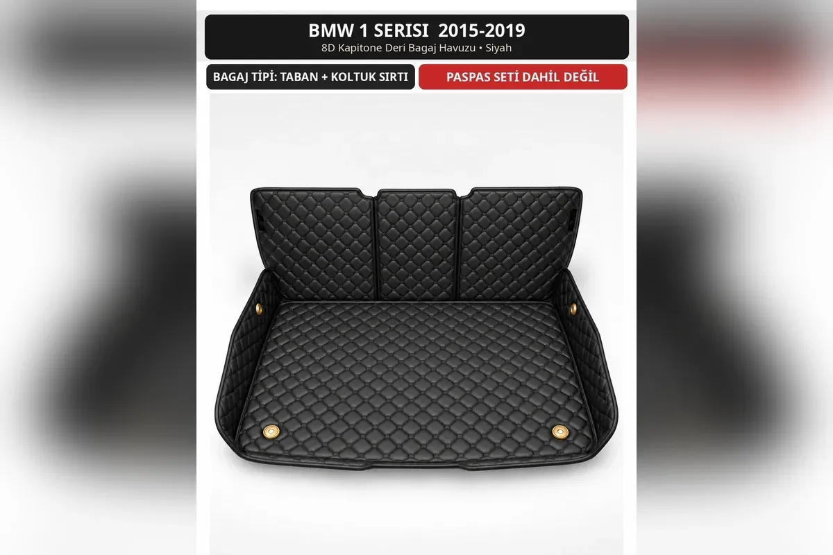 BMW 1 Serisi 2015-2019 hatchback için siyah 8D kapitone deri bagaj havuzu, taban ve arka koltuk sırtı kaplamalı