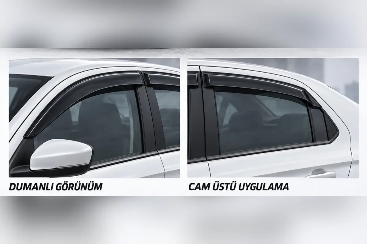 Citroen C-Elysee sedan için 4 parça Mügen tip cam rüzgarlığı, ön ve arka kapı camında dumanlı görünüm yakın çekim