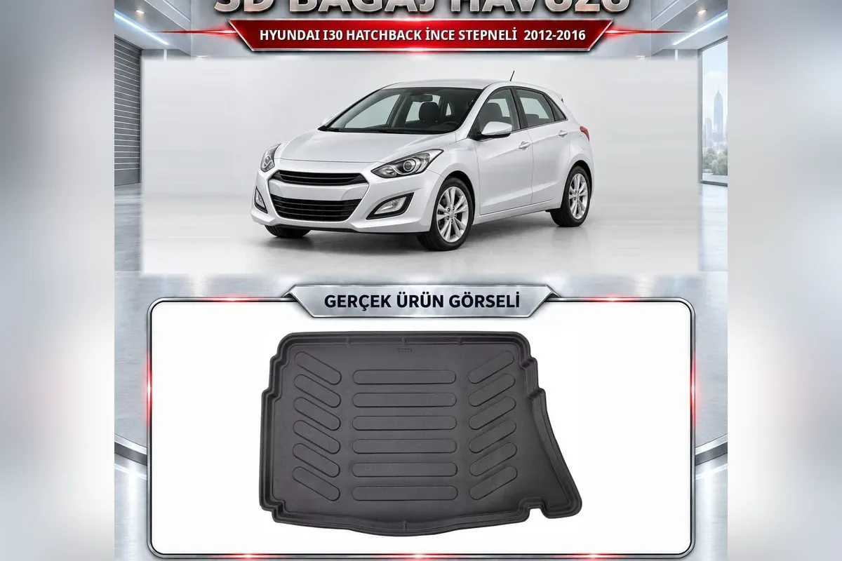 Hyundai i30 2012-2016 hatchback ince stepneli 3D bagaj havuzu, gümüş GD kasa araç ve gerçek ürün fotoğrafı