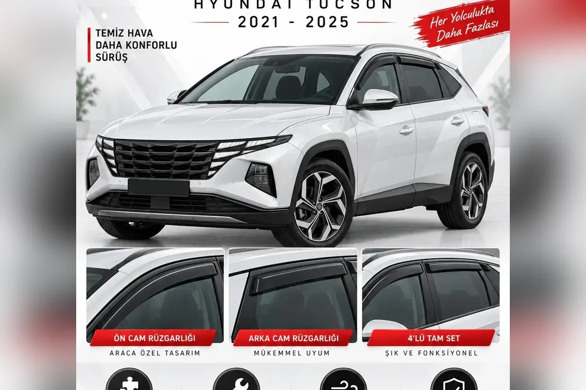 Hyundai Tucson 2021 sonrası yeni kasa için 4 parça cam rüzgarlığı, beyaz araç üzerinde ön ve arka kapı camları