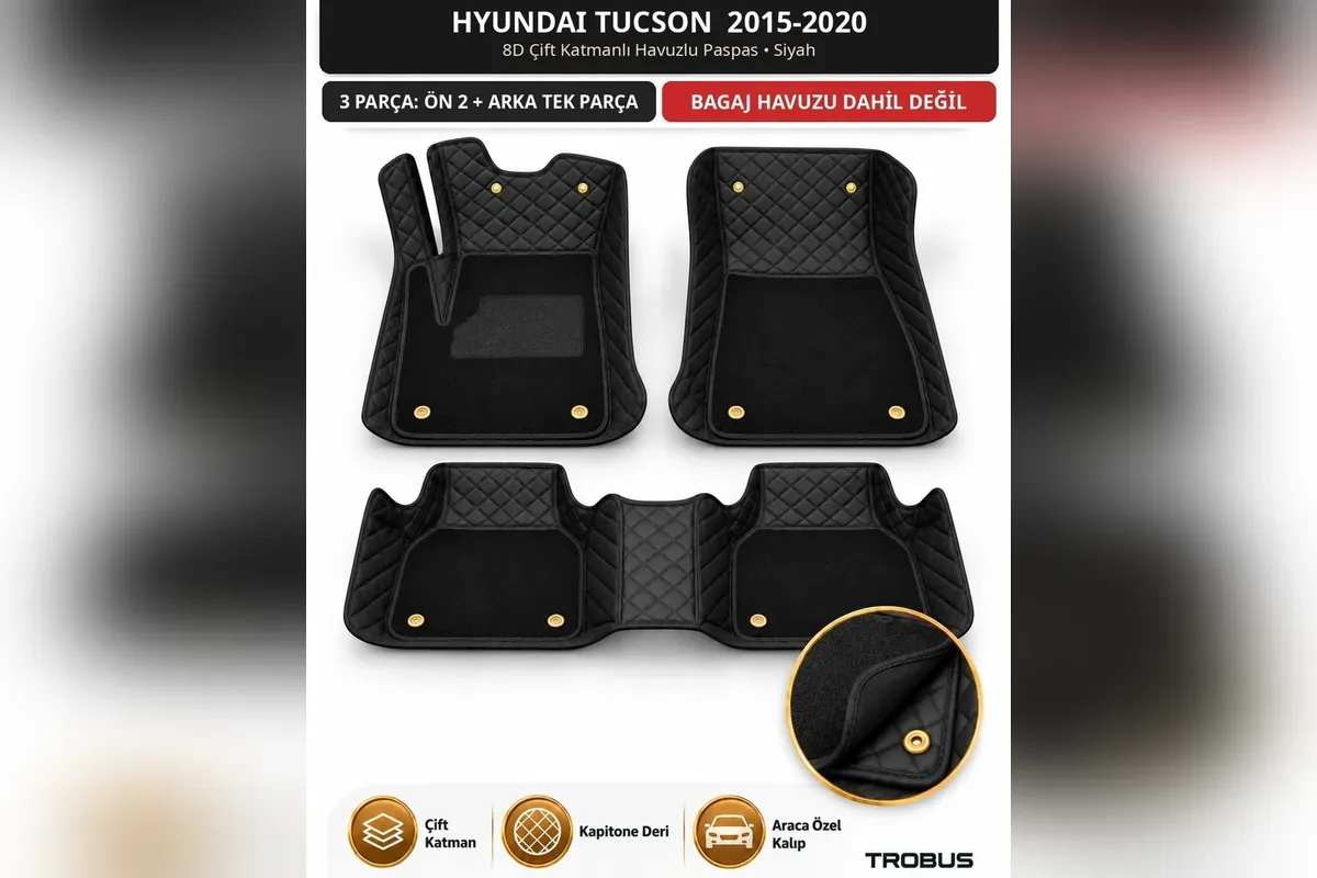 Hyundai Tucson 2015-2020 TL kasa için siyah 8D çift katmanlı kapitone havuzlu paspas, iki ön parça ve tek parça arka sıra