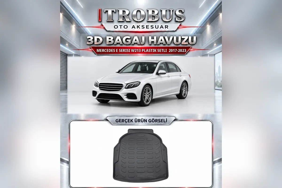 Mercedes E Serisi W213 2017-2023 plastik setli 3D bagaj havuzu, üstte beyaz sedan, altta bagaj havuzunun gerçek fotoğrafı