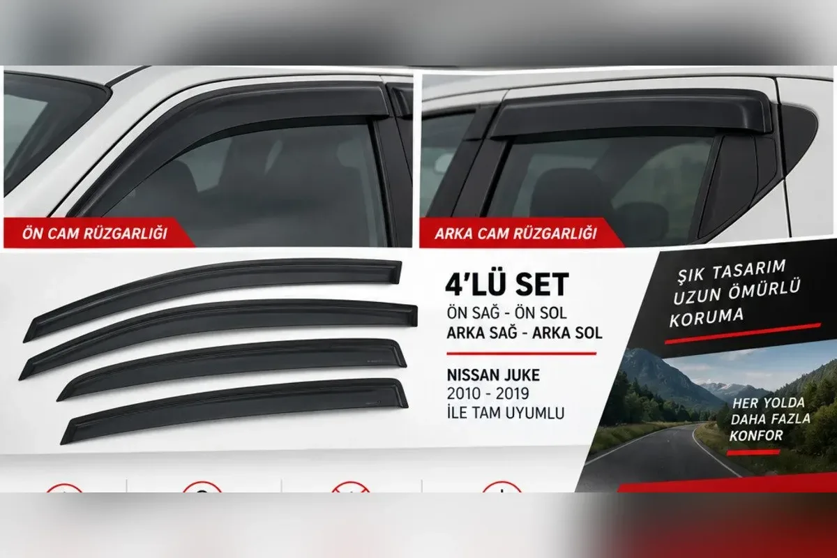 Nissan Juke 2010-2019 için 4 parça Mügen tip cam rüzgarlığı, ön ve arka kapı camı yakın çekim ve set içeriği