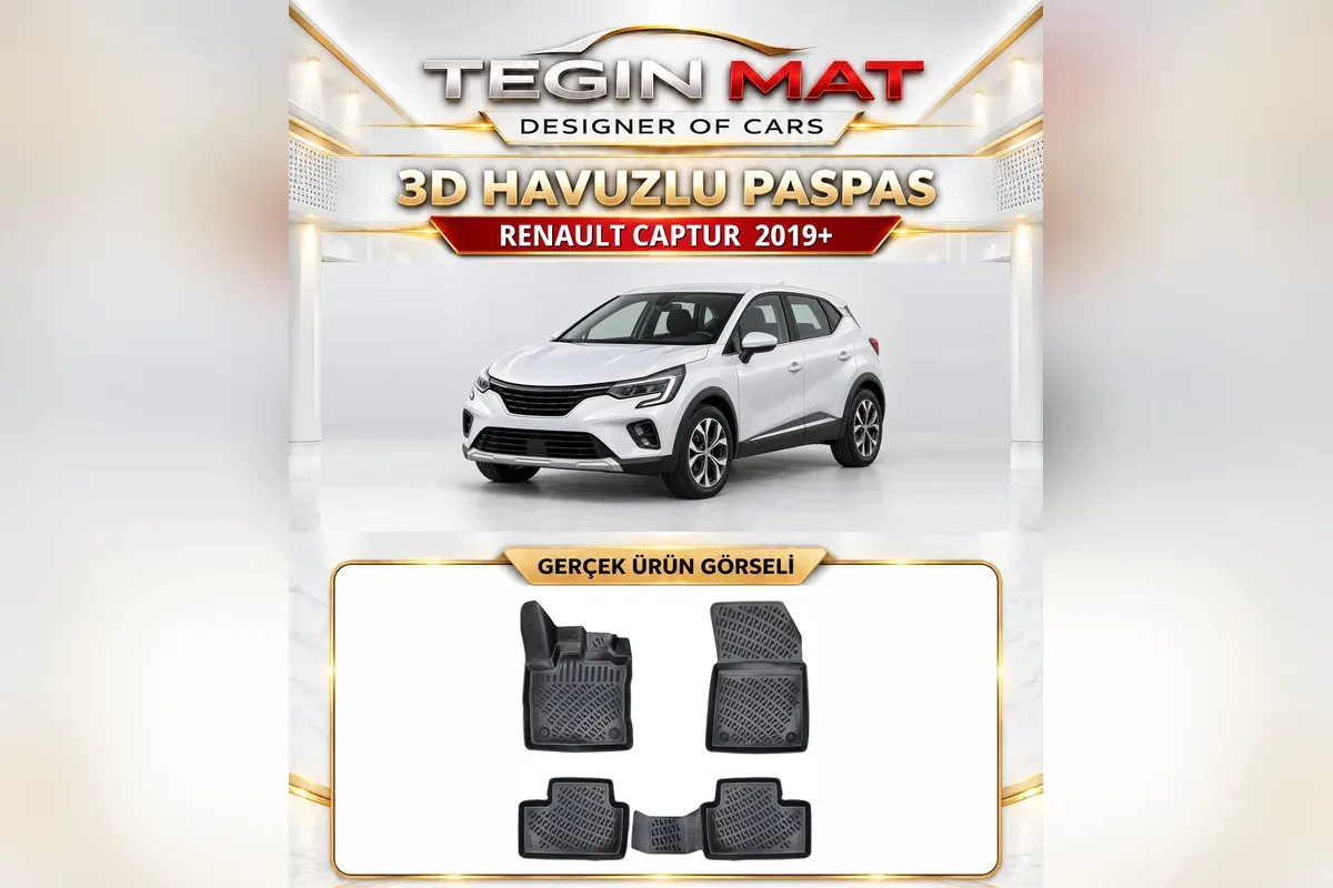 Renault Captur 2019 sonrası ikinci nesil için siyah 3D havuzlu paspas, üstte beyaz araç, altta ön ve arka paspas parçaları