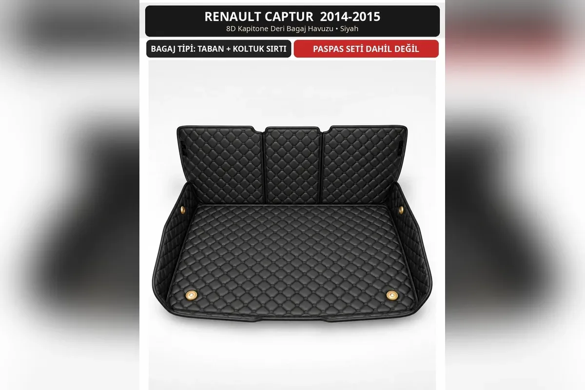 Renault Captur 2014-2015 ilk nesil için siyah 8D kapitone deri bagaj havuzu, taban ve arka koltuk sırtı kaplamalı