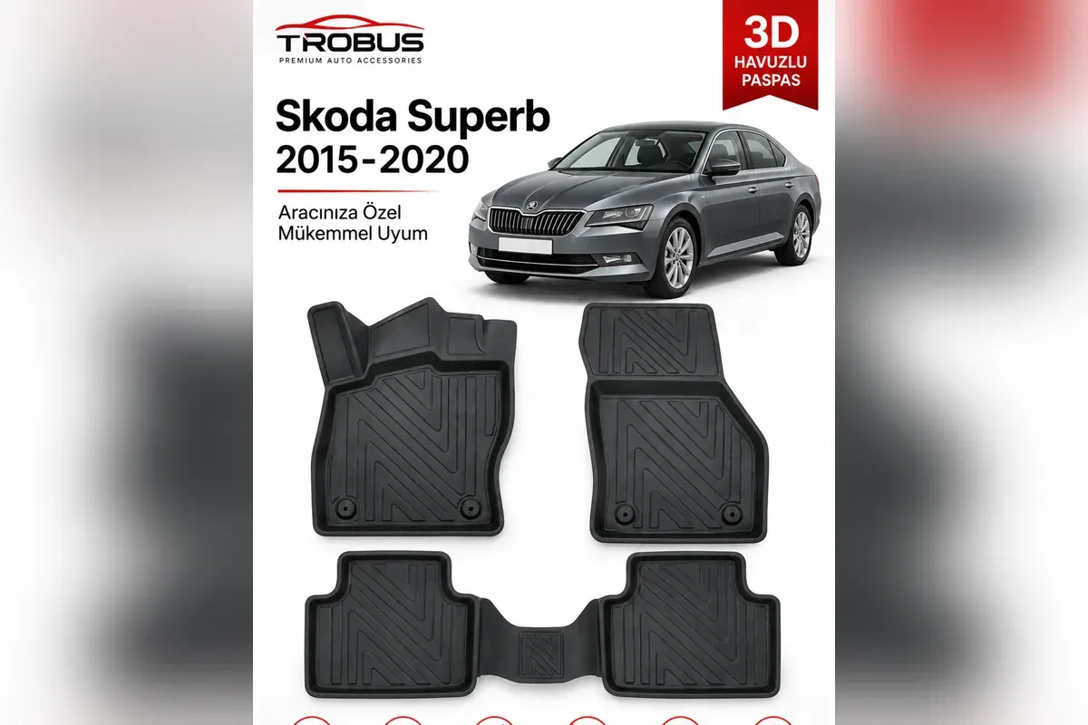 Skoda Superb 3 2015-2020 için karbon desenli 3D havuzlu paspas, gri sedan araç ve paspas parçaları