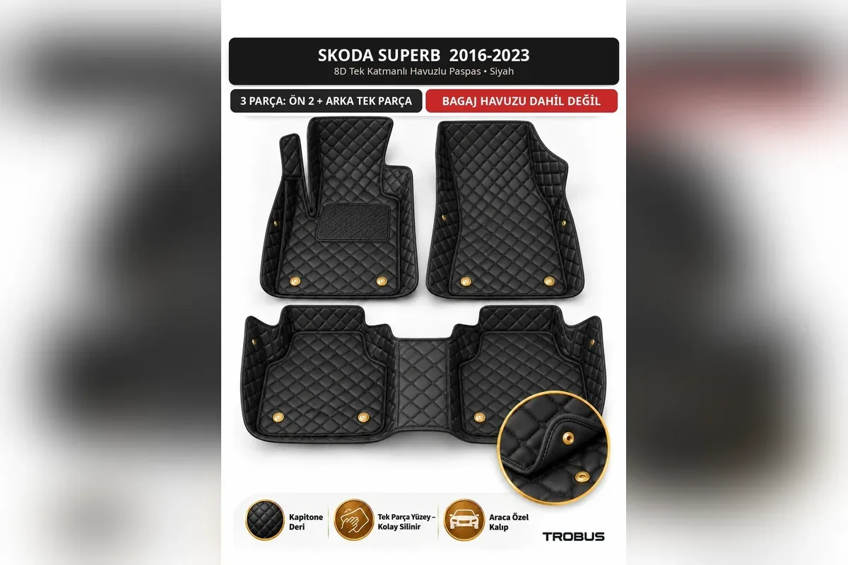 Skoda Superb 2016-2023 için siyah 8D tek katmanlı kapitone deri havuzlu paspas, ön iki parça ve tek parça arka