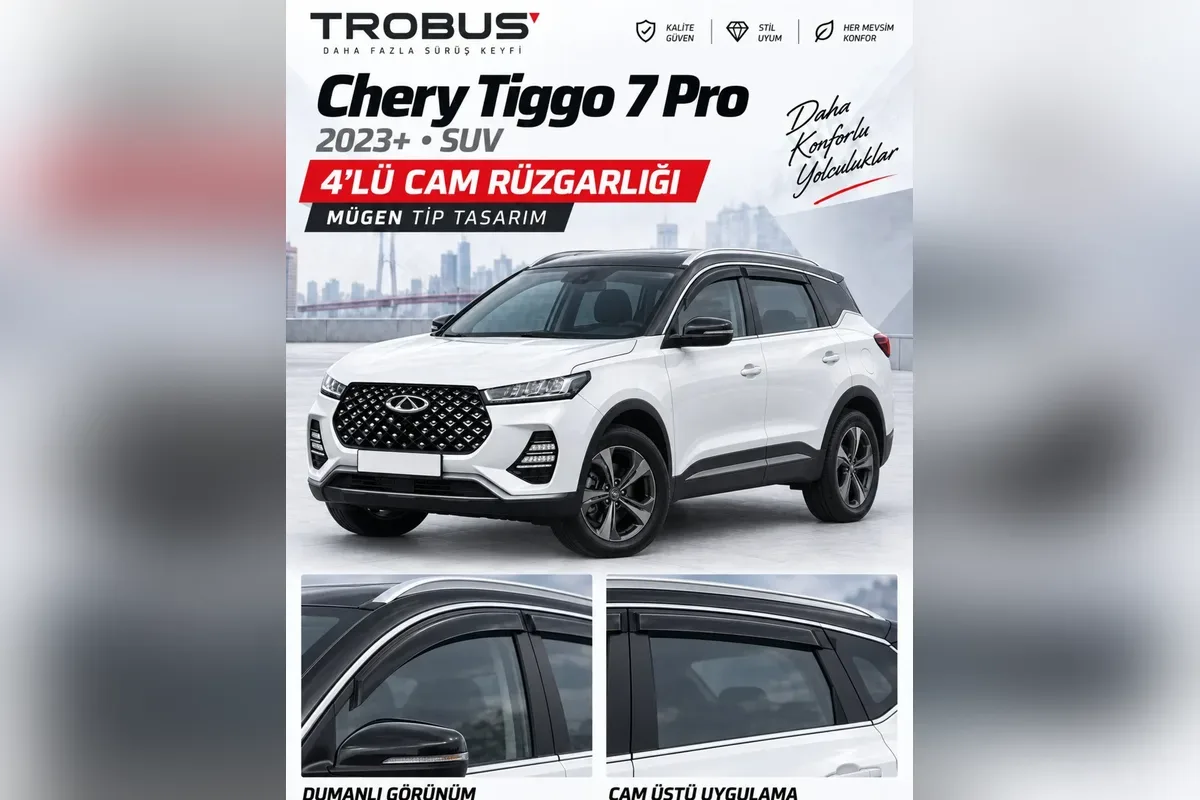 Chery Tiggo 7 Pro 2023 ve sonrası için 4 parça cam rüzgarlığı, beyaz SUV üzerinde ön ve arka kapı camları