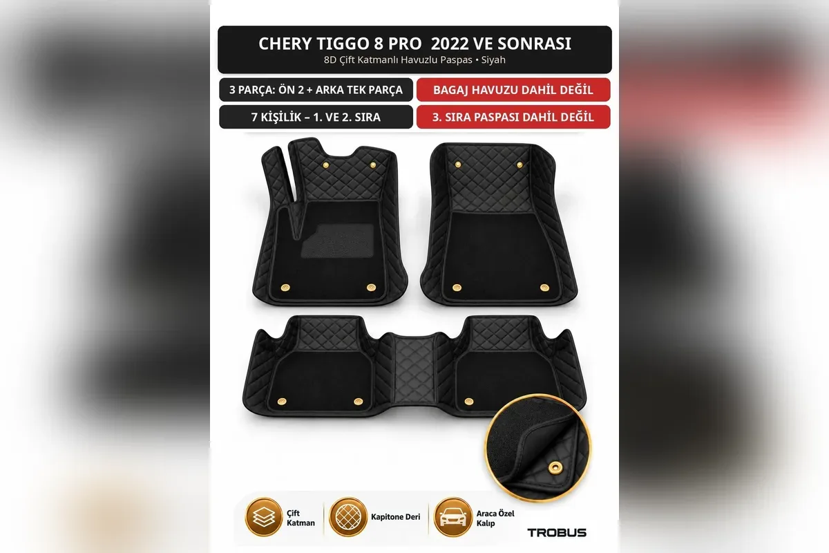 Chery Tiggo 8 Pro 2022 ve sonrası 7 kişilik araç için siyah 8D çift katmanlı kapitone havuzlu paspas, iki ön parça ve tek parça ikinci sıra