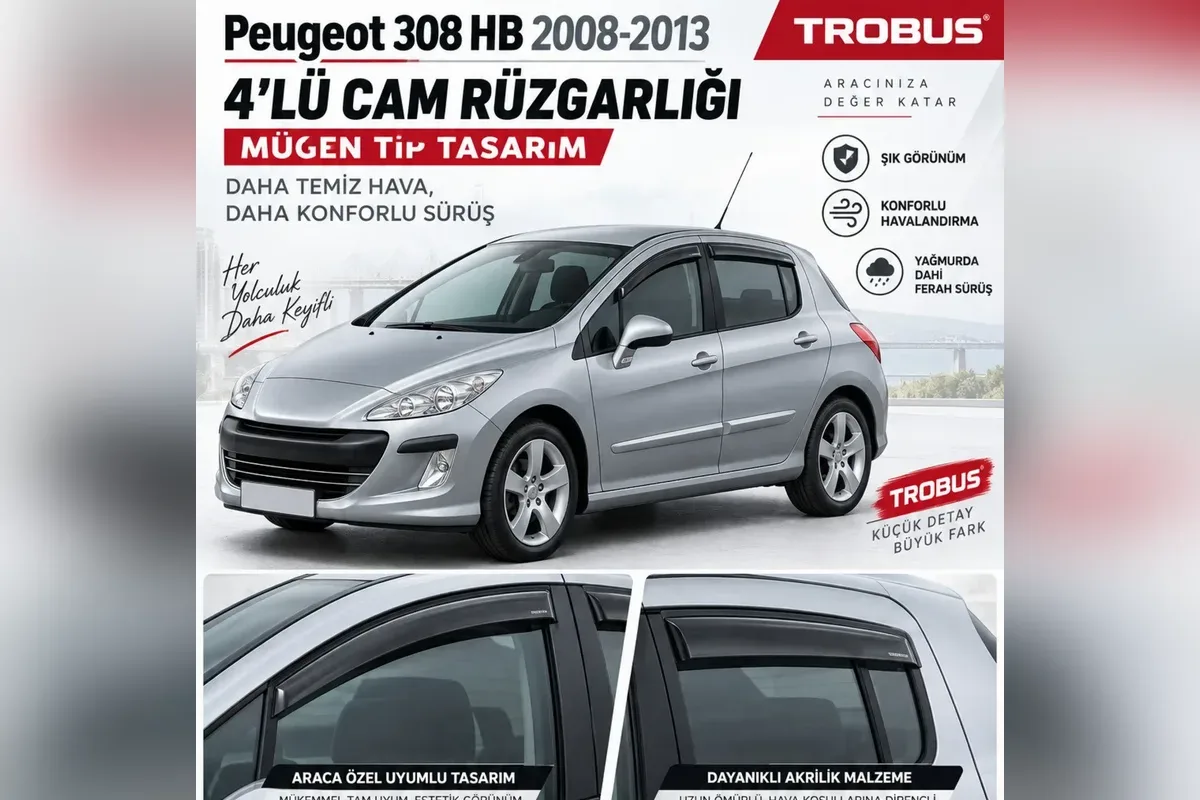 Peugeot 308 HB 2008-2013 ilk kasa gri hatchback üzerinde 4 parça Mügen tip cam rüzgarlığı ürün kartı