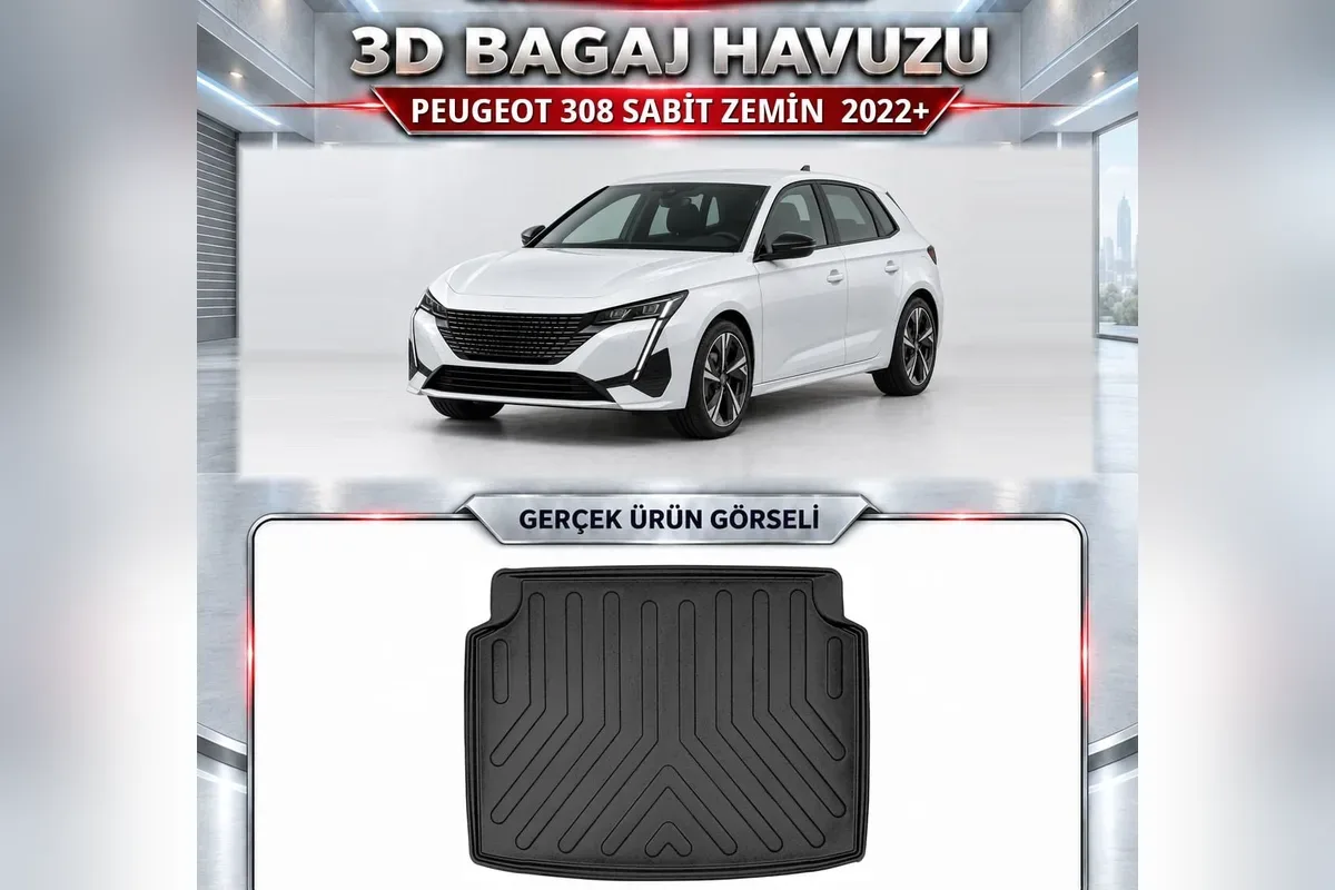 Peugeot 308 2022 sonrası sabit zemin için 3D bagaj havuzu, beyaz yeni kasa hatchback ve gerçek ürün fotoğrafı