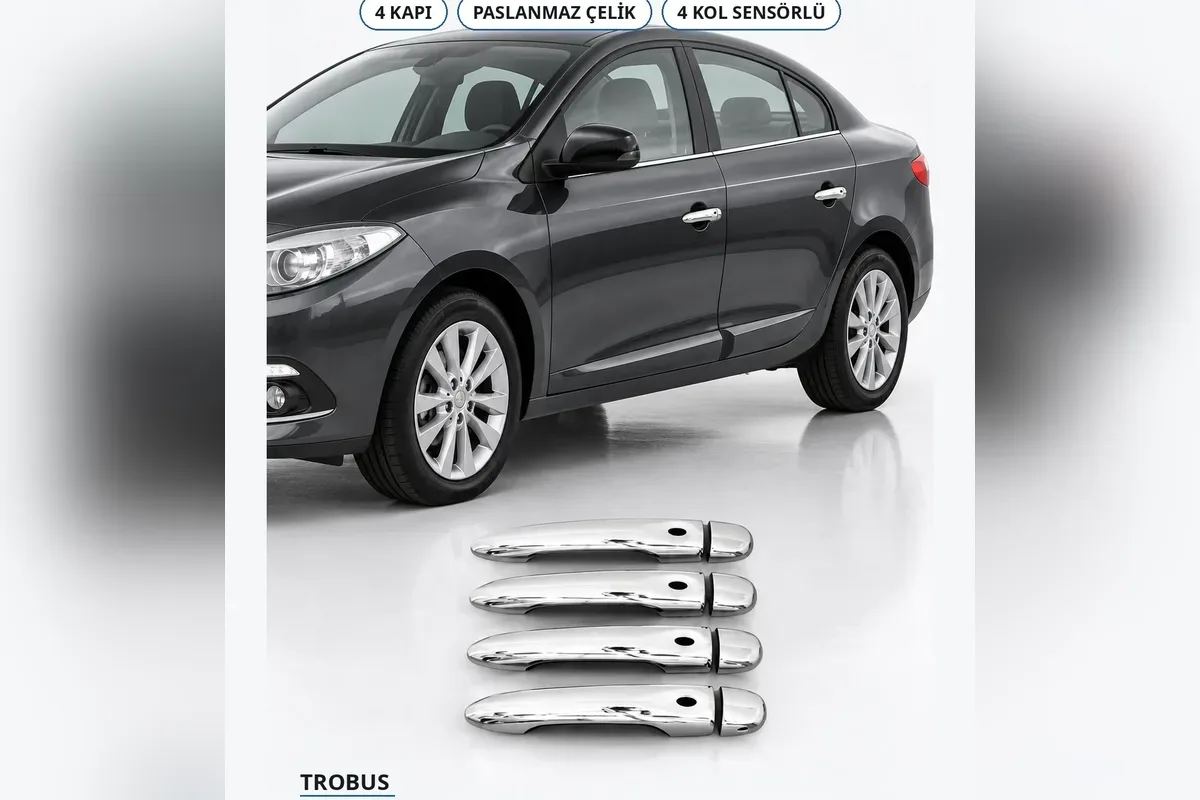 Renault Fluence sedan 2014-2016 için 4 kapı krom kapı kolu kaplaması, 4 kol sensörlü tip, koyu gri araç üzerinde