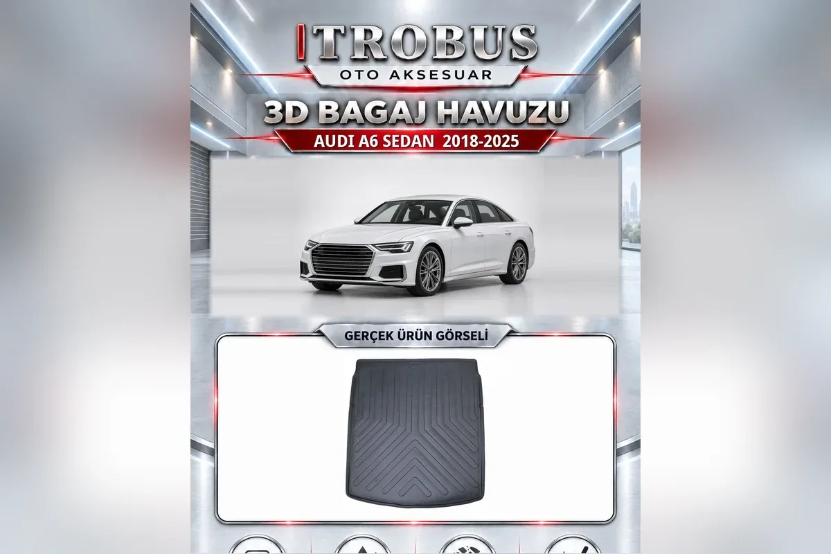 Audi A6 Sedan 2018-2025 C8 kasa için siyah 3D bagaj havuzu, üstte beyaz sedan, altta bagaj havuzunun gerçek fotoğrafı