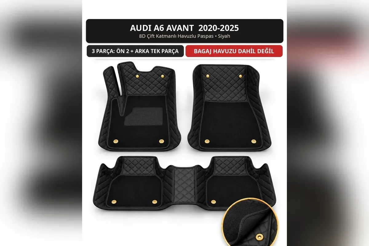 Audi A6 Avant 2020-2025 için siyah 8D çift katmanlı kapitone havuzlu paspas, iki ön parça ve tek parça arka sıra