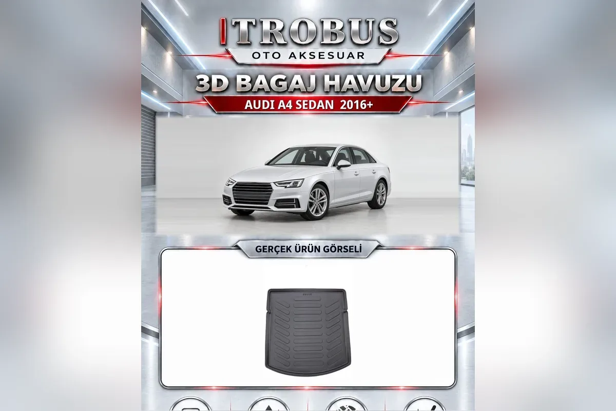 Audi A4 Sedan 2016 sonrası B9 kasa için siyah 3D bagaj havuzu, üstte beyaz sedan, altta havuzun gerçek fotoğrafı