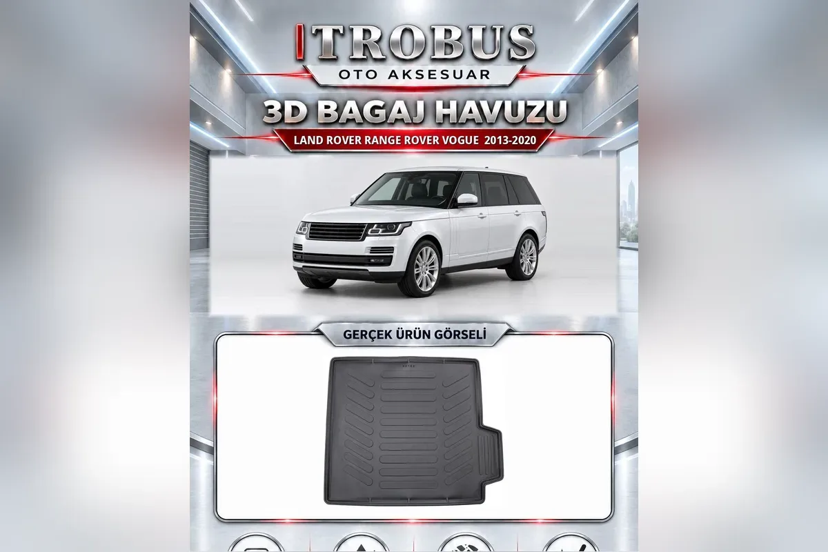 Land Rover Range Rover Vogue 2013-2020 için siyah 3D bagaj havuzu, üstte beyaz araç, altta sağ tarafında tek çıkıntı bulunan havuz