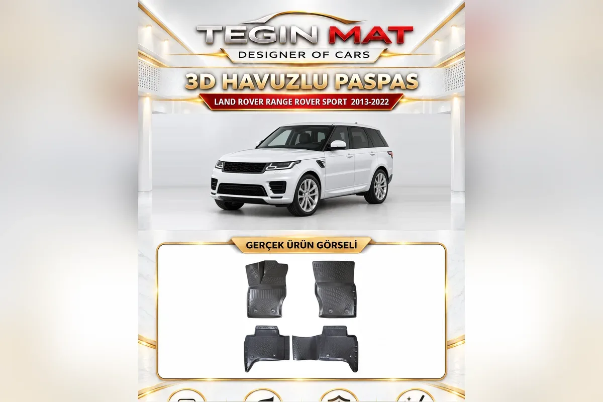 Land Rover Range Rover Sport 2013-2022 için siyah 3D havuzlu paspas, üstte beyaz Sport, altta dört parçalı paspas seti