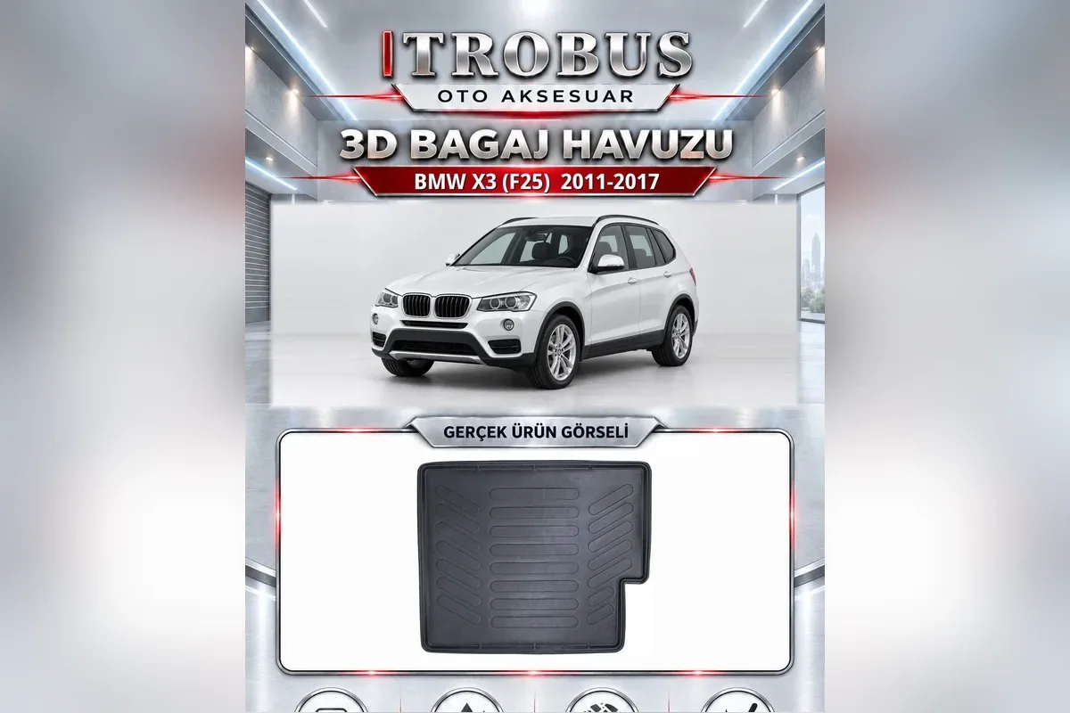 BMW X3 F25 2011-2017 için siyah 3D bagaj havuzu, üstte beyaz F25 kasa SUV, altta havuzun gerçek fotoğrafı
