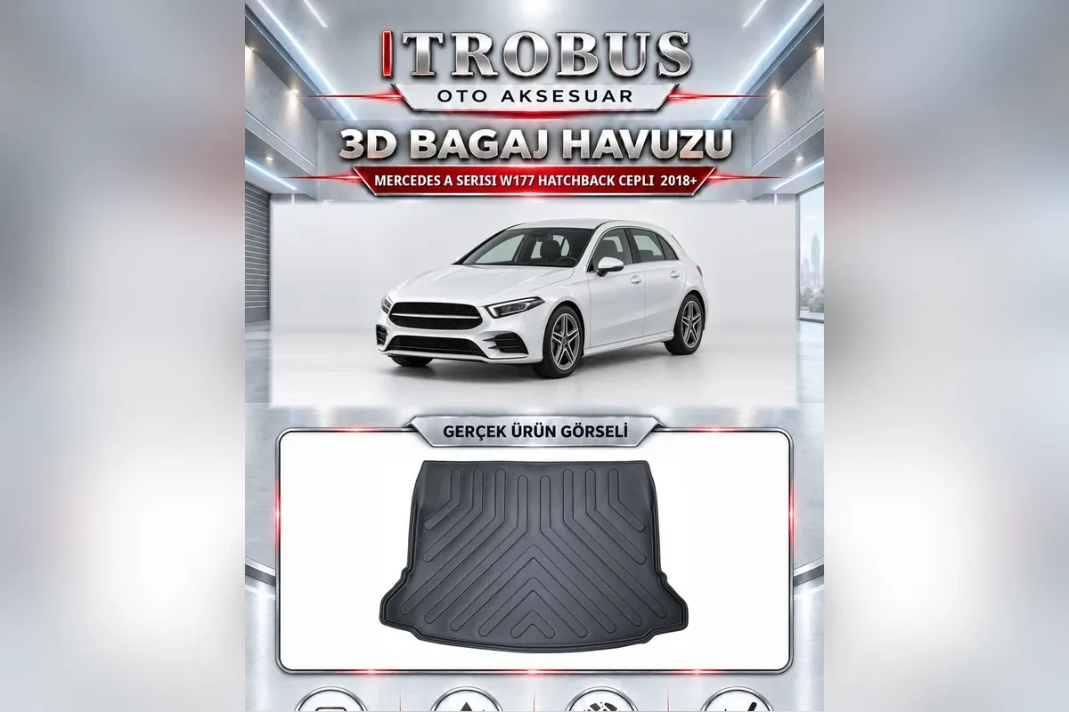 Mercedes A Serisi W177 Hatchback 2018 sonrası için cepli tip siyah 3D bagaj havuzu, üstte beyaz hatchback, altta havuzun gerçek fotoğrafı