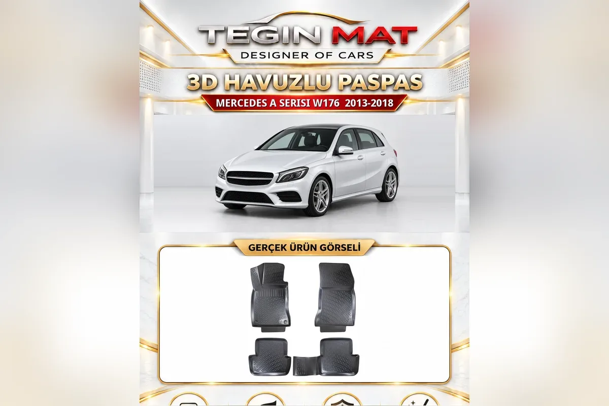 Mercedes A Serisi W176 2013-2018 için siyah 3D havuzlu paspas, üstte beyaz W176 hatchback, altta dört parçalı paspas seti