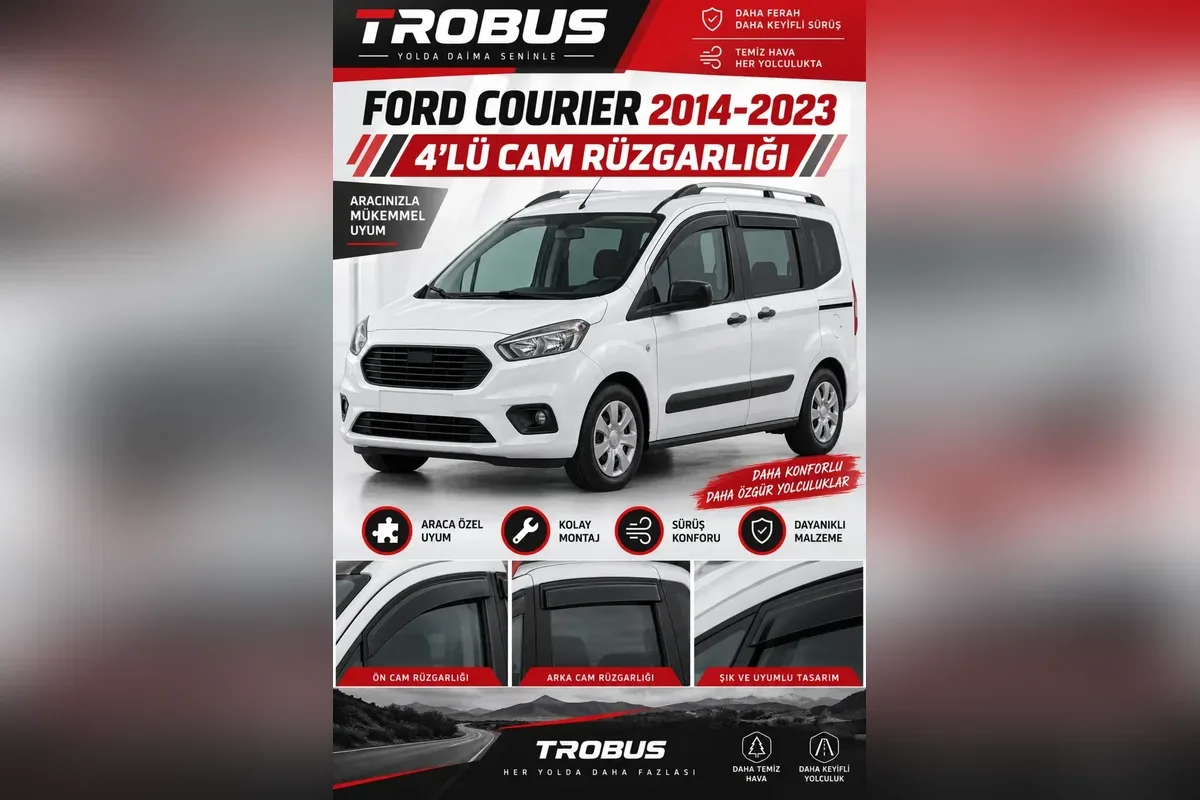 Ford Courier 2014-2023 binek için 4 parça cam rüzgarlığı, beyaz Tourneo Courier üzerinde ön ve arka kapı camları